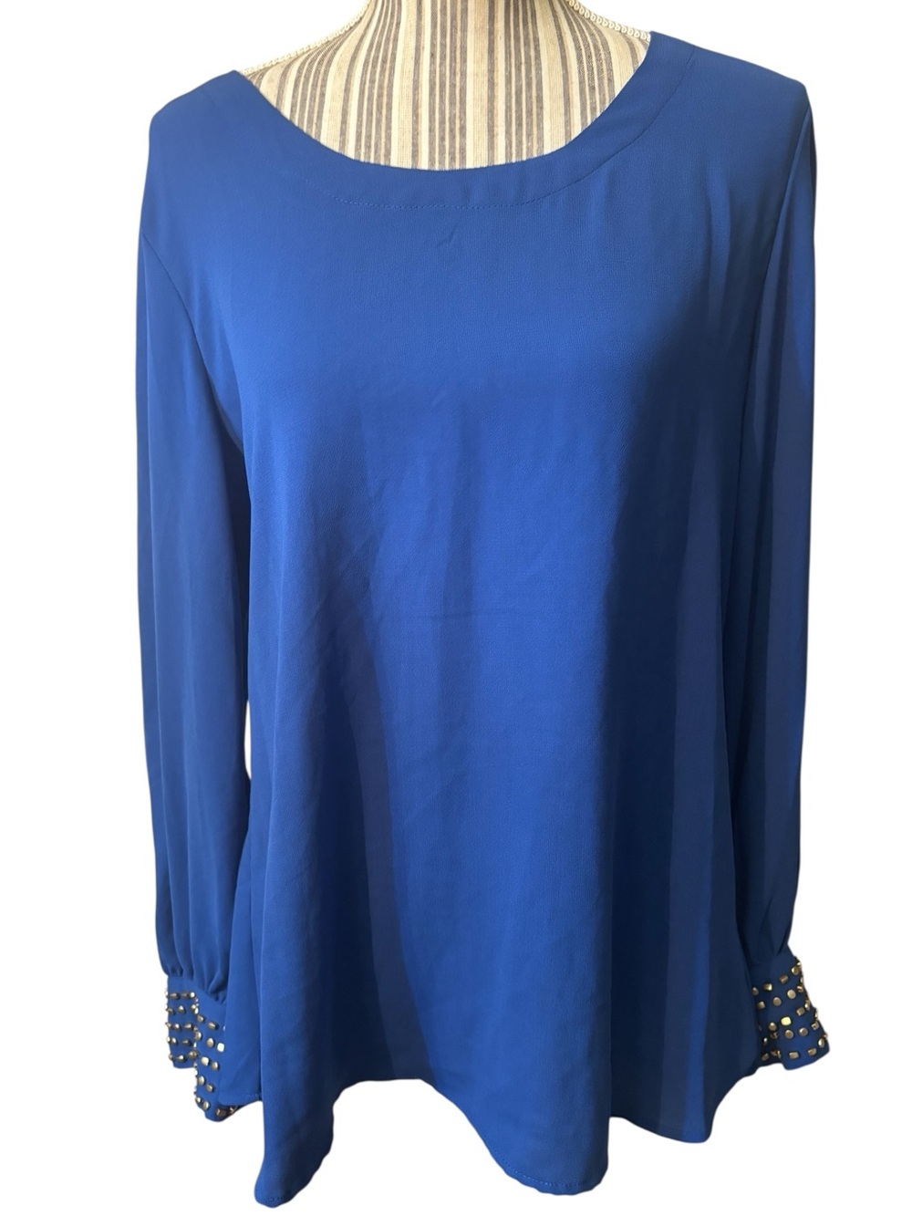 Metaphor Blouse Large Royal Blue Long-Sleeve Beaded Stud Cuff Tunic Top Flowy
